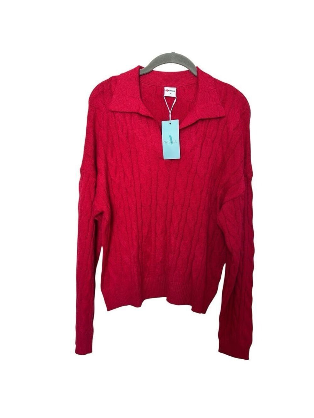 NWT WIHOLL Red Cable-Knit Collared V Neck Pullover Sweater Women Size M-L